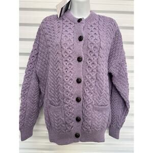 Aran Women's Irish Button Cardigan Cable Knit Sweater Merino Wool Purple XL NWT!